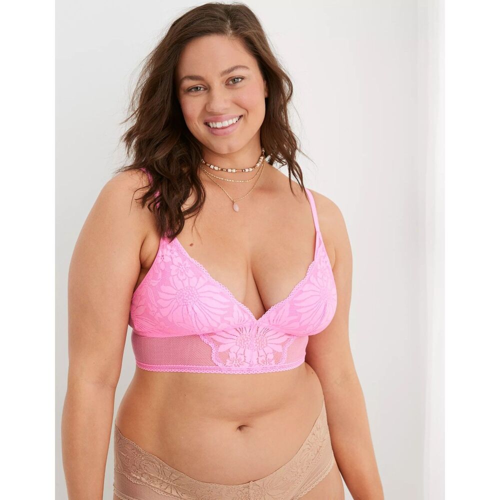 Aerie Hibiscus Lace Padded Longline Bralette Pink